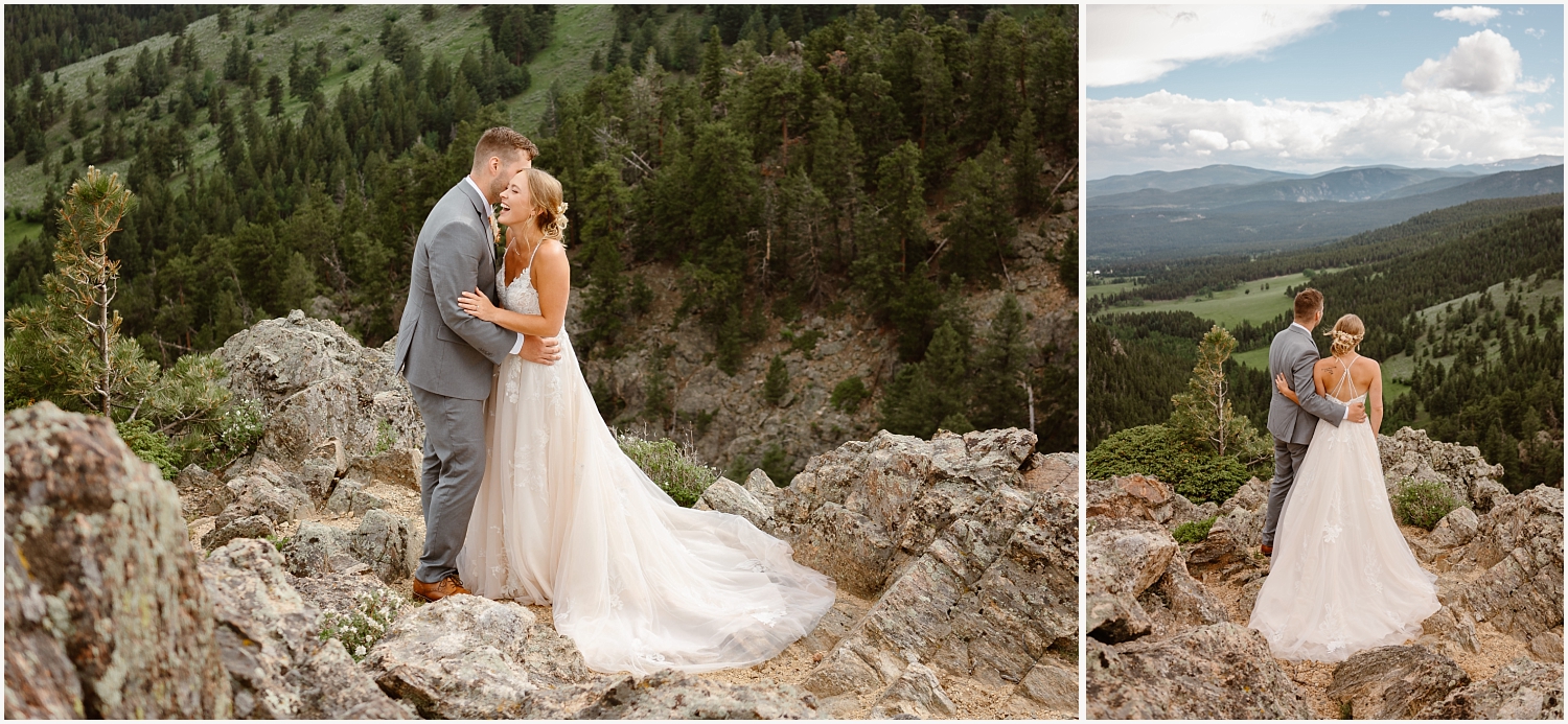 Bride and groom laugh near cliff side Boulder location