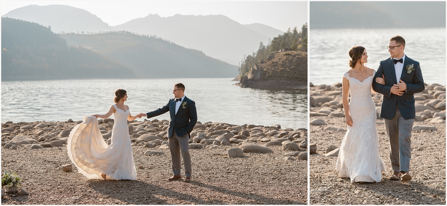 Bride and groom dancing near shore of Dillon Lake 