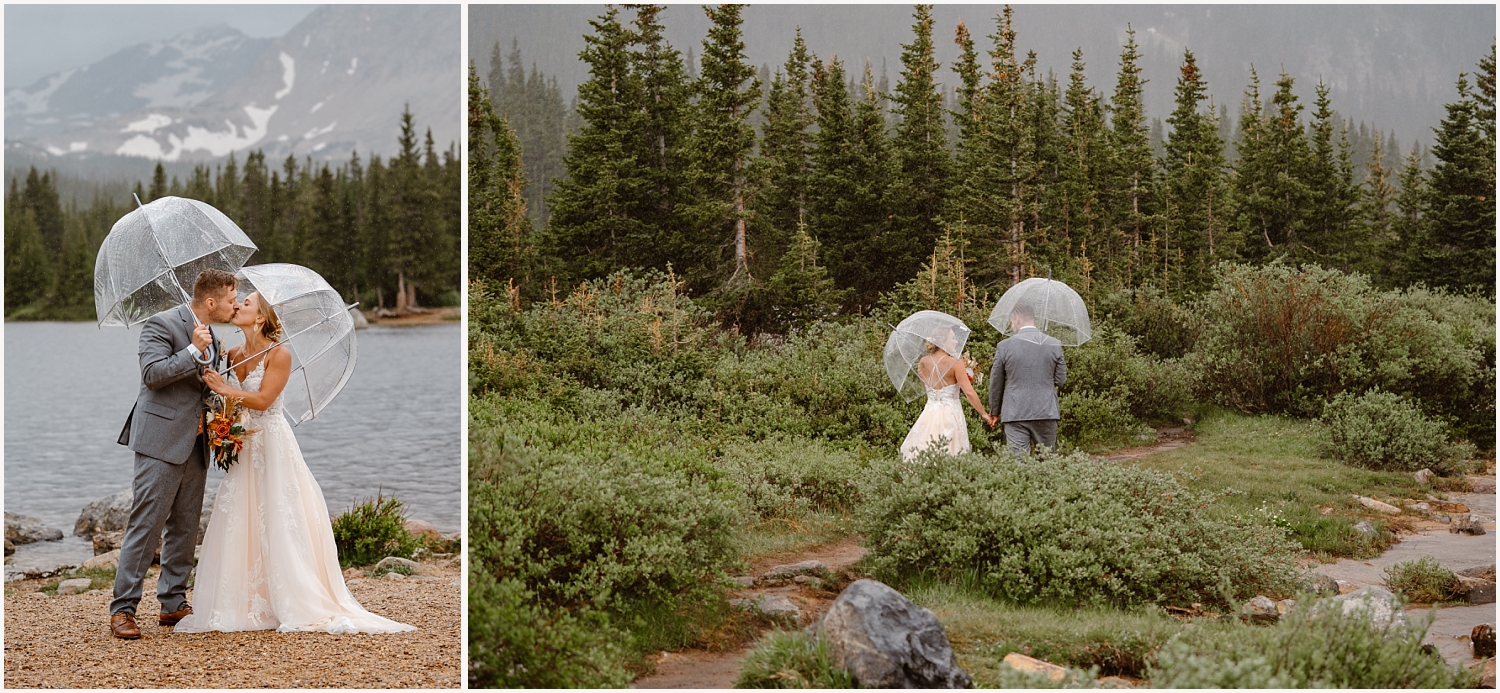 Couple stays dry under clear umbrellas during their rainy elopement day