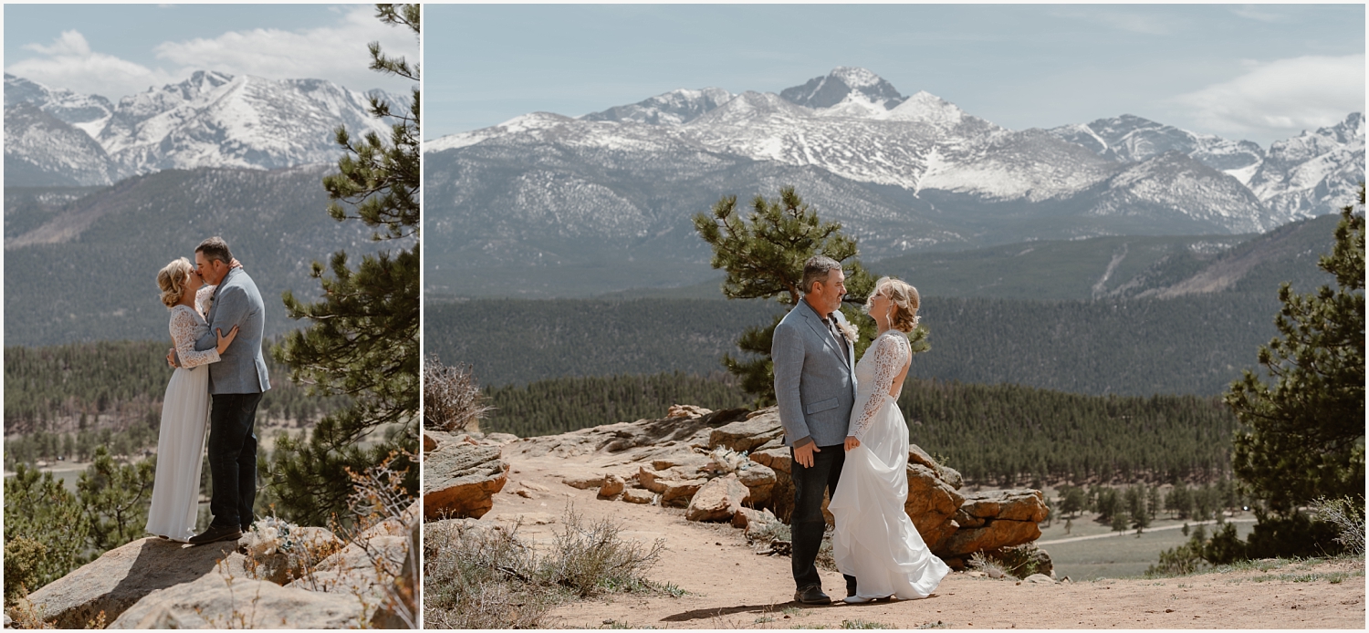 Bride and Groom cuddle and embrace at 3M Curve at Rocky Mountain National Park