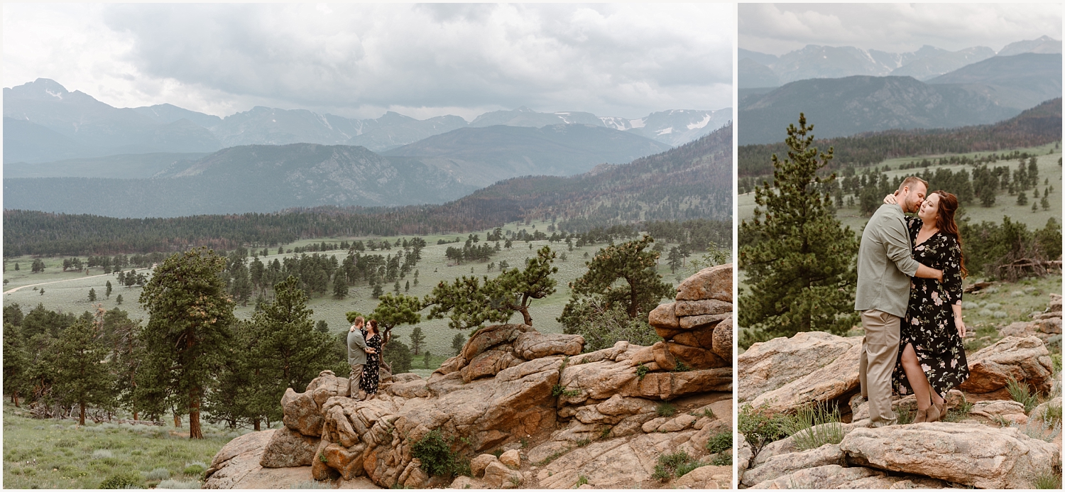 Couple stands small near the grand mountains at Rocky Mountain National Park