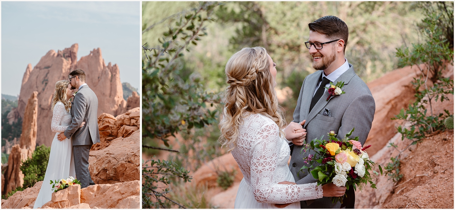 Wedding couples kiss and laugh at Central Garden during their spring elopement at Garden of the Gods
