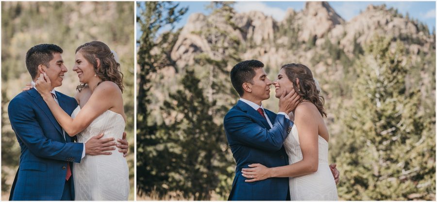 Couple kiss near Rocky Mountain National Park during their elopement