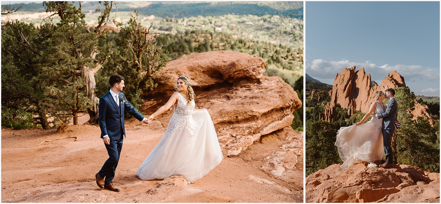 Bride and groom stand near unique rock formations at Garden of the Gods