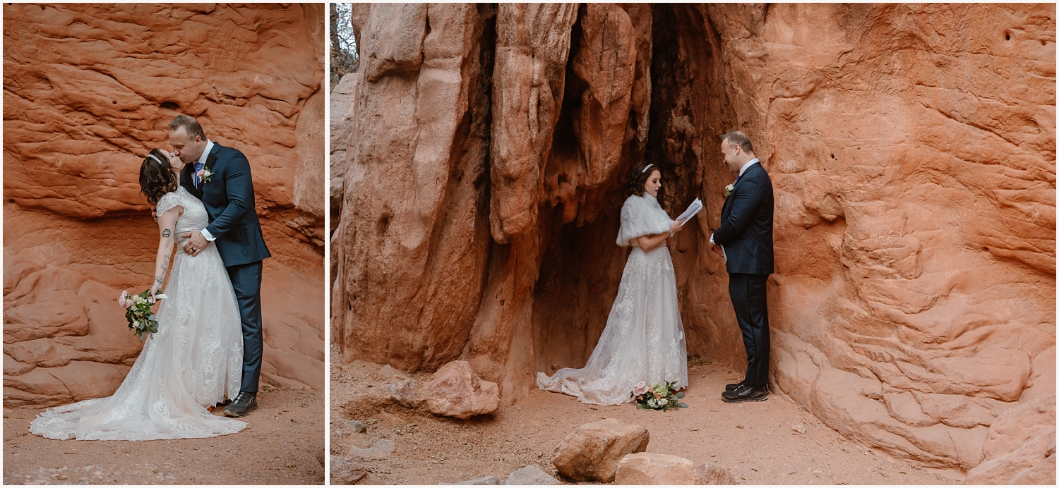 Bride and Groom standing near Jaycee Plaza at Garden of the Gods during their winter elopement 