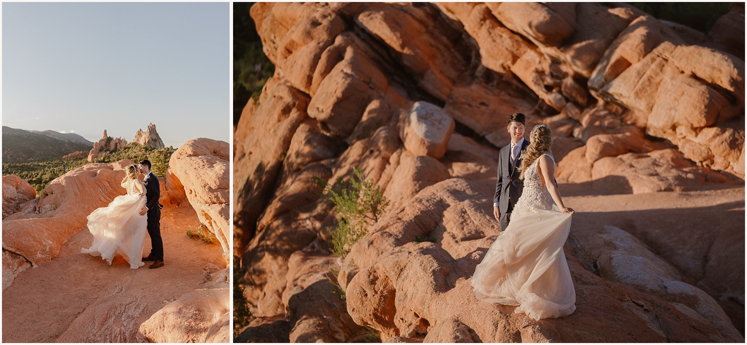 Bride and groom cuddle at sunset near High Point Overlook for the Garden of the Gods elopement