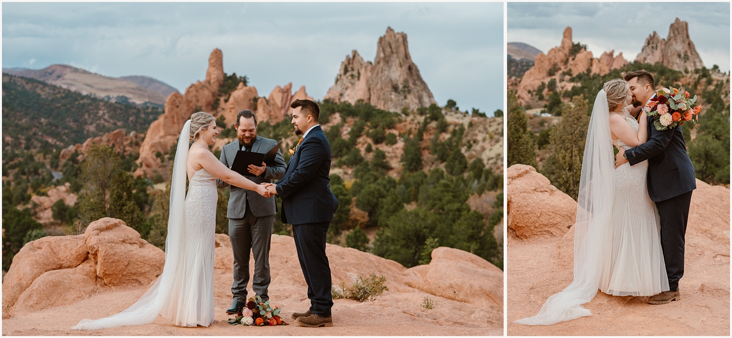 Bride and groom share their vows at sunset during this fall elopement at Garden of the Gods