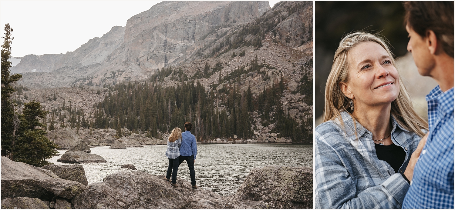 Couple poses near alpine lake at Rocky Mountain National Park