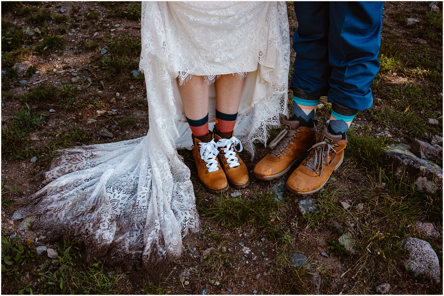Detailed photo of dirty wedding dress and hiking boots