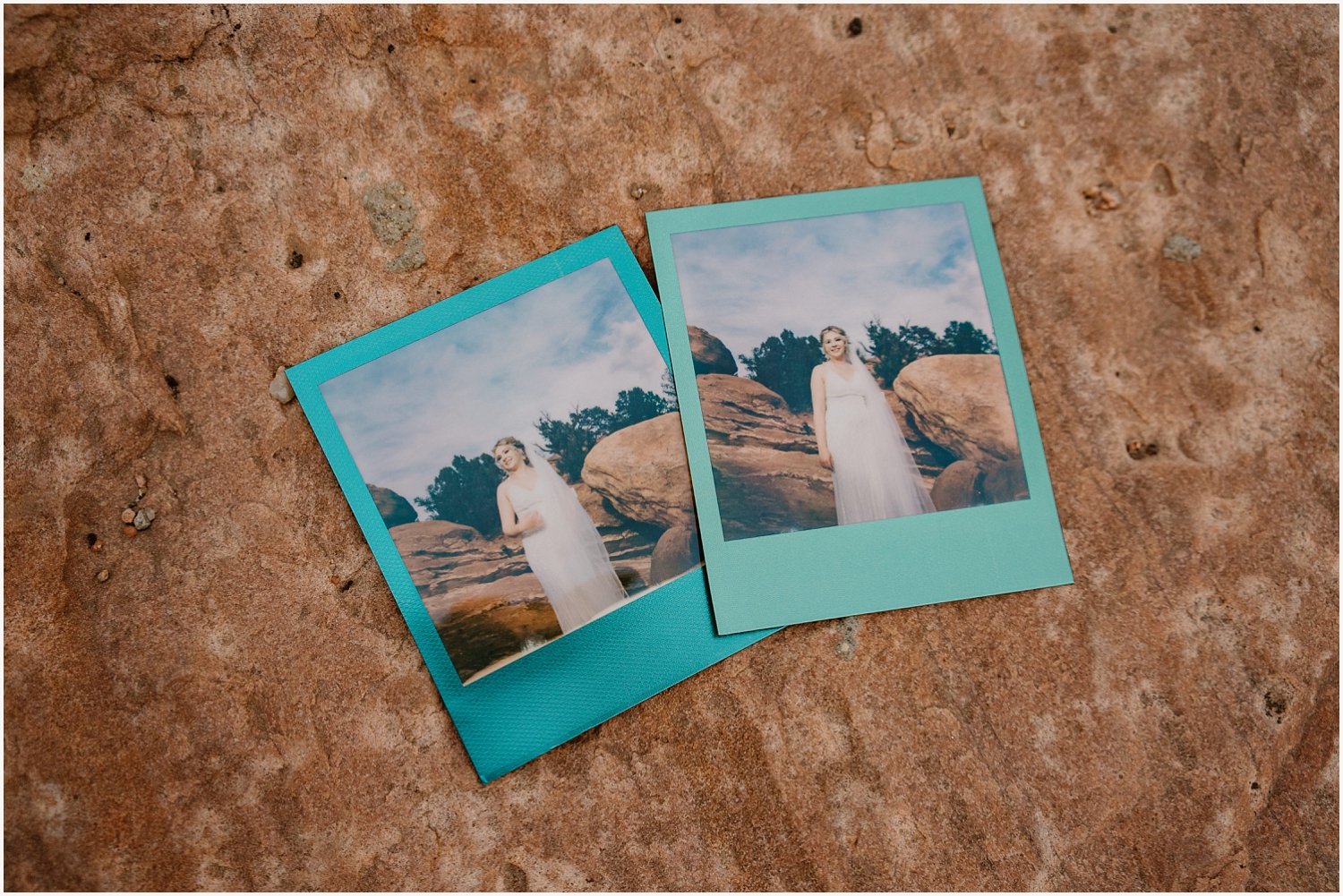 two polaroid of of a bride at Garden of the Gods