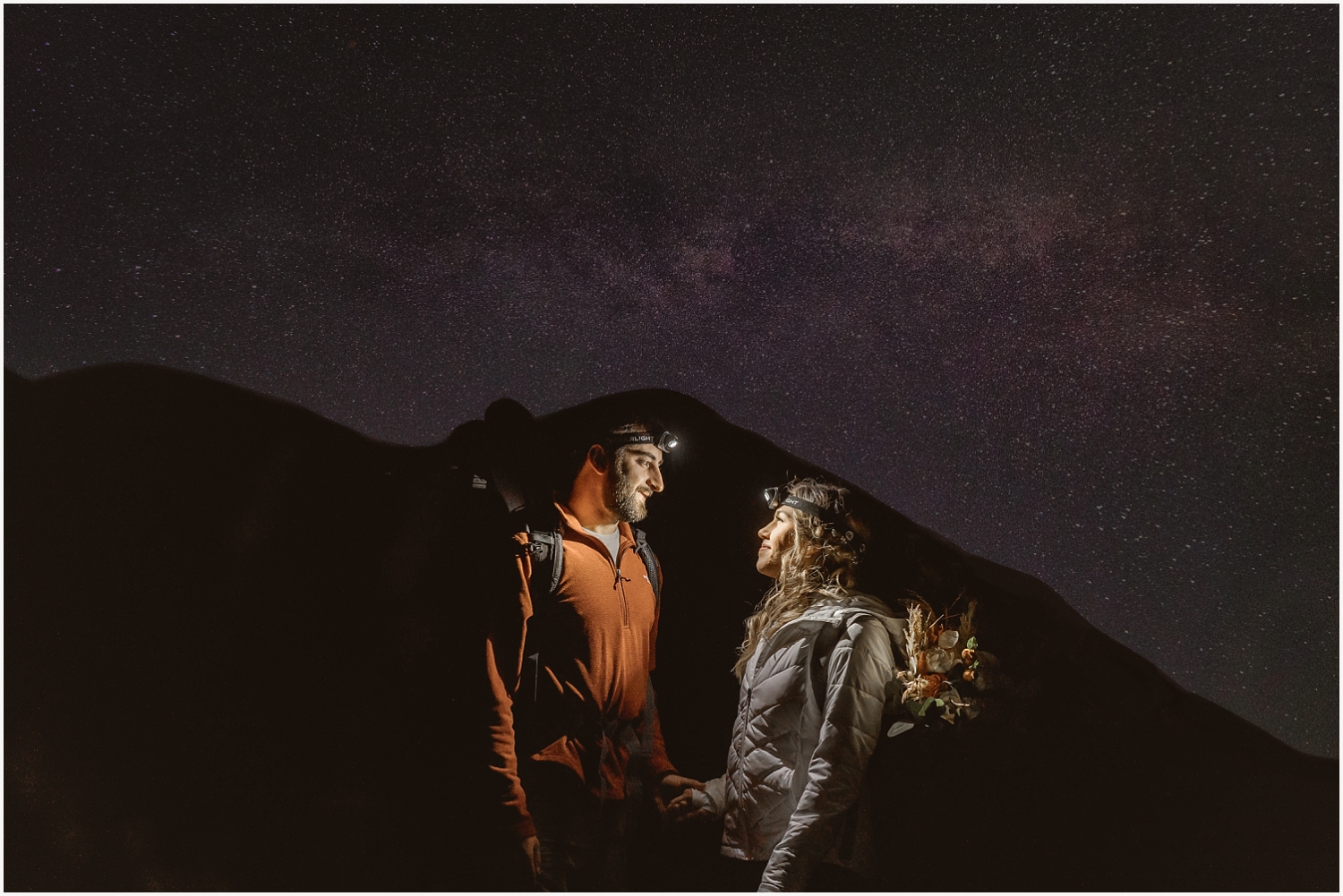 Bride and groom stargazing before their sunrise elopement day