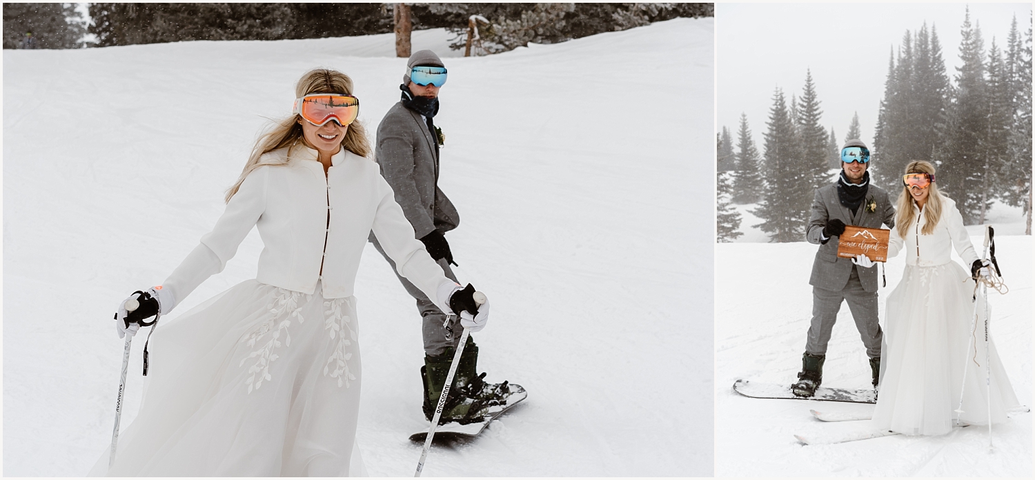 Bride and groom skiing and snowboarding on their elopement