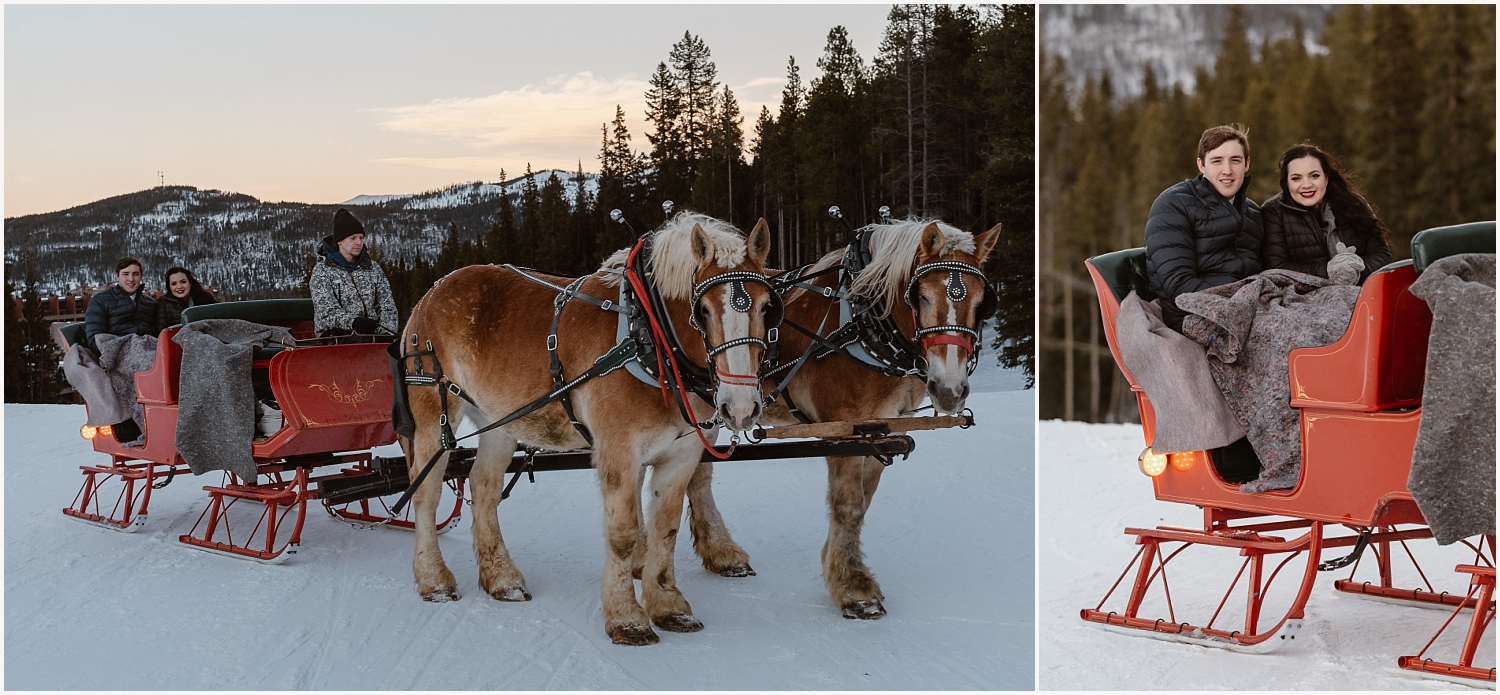 Bride and groom on a sleigh ride during their winter elopement.