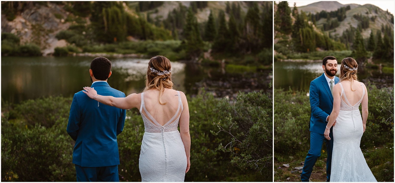 Bride and groom share a first look at mountain elopement