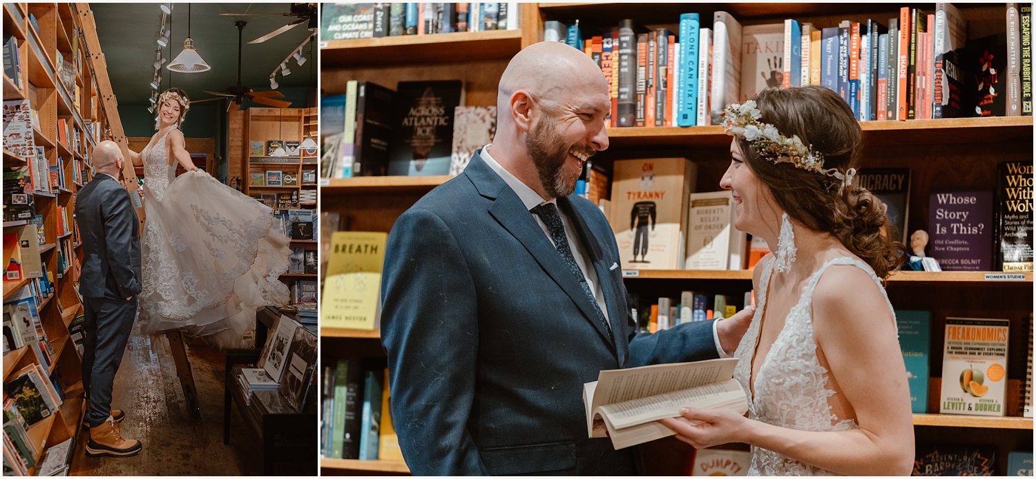 Bride and groom at a bookstore during elopement