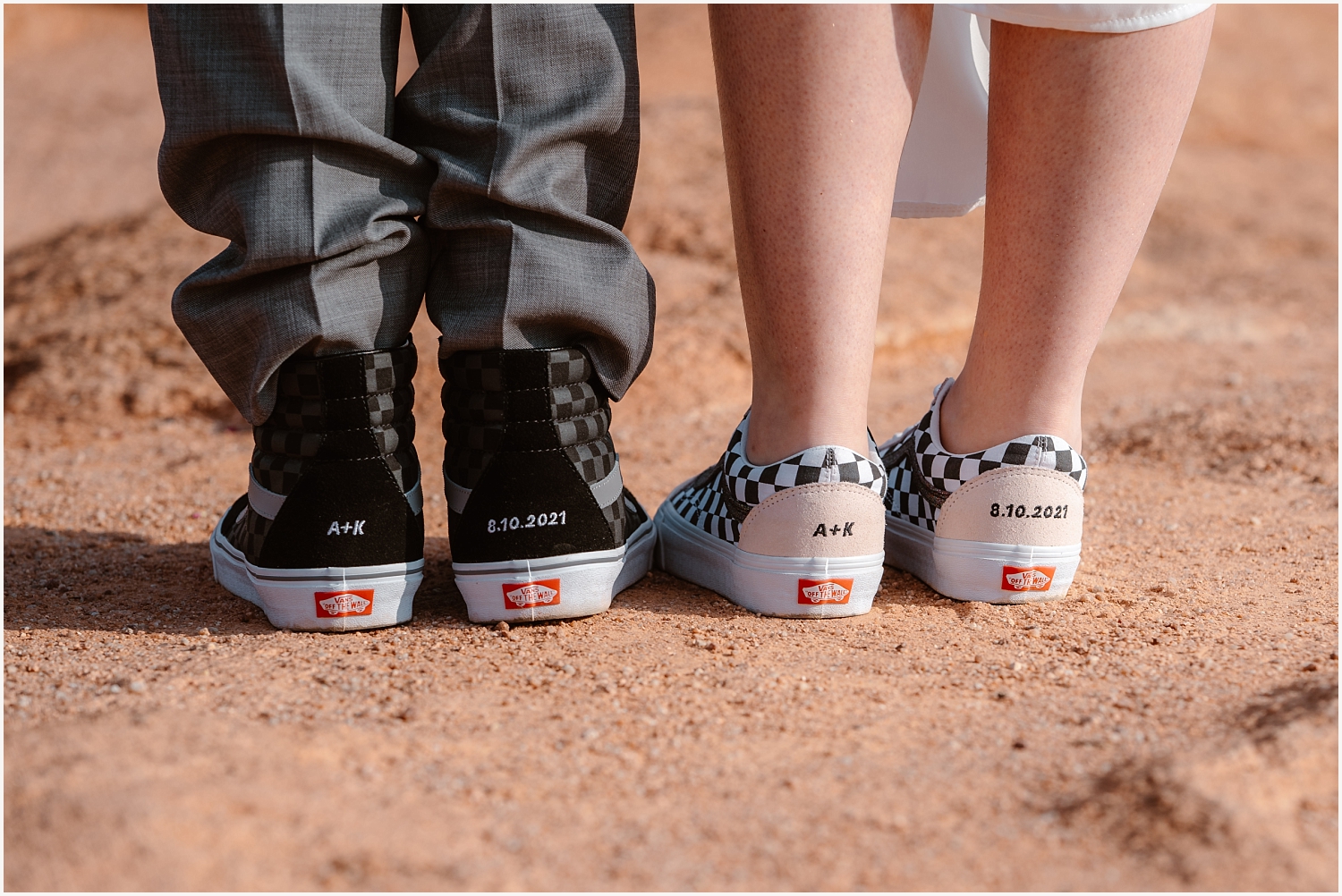 bride and groom has monogram on their converse wedding shoes