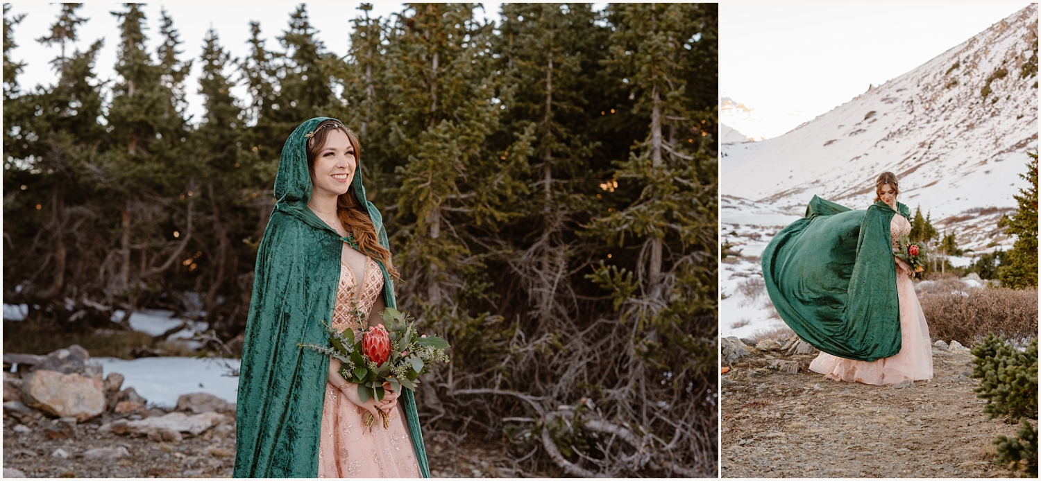 Bride wears a green cape on her wedding day