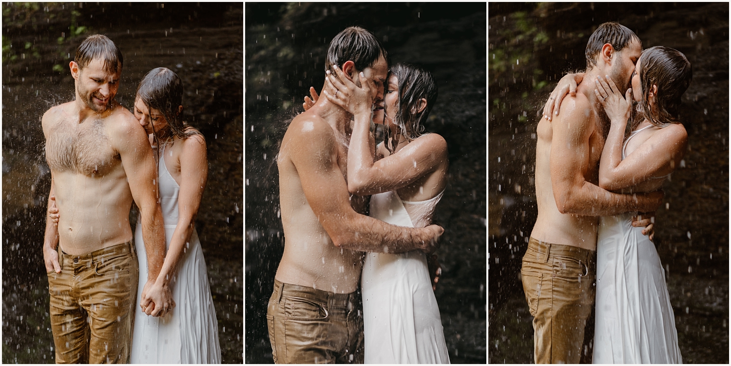 Couples sheds clothes while standing under waterfall on their elopement day
