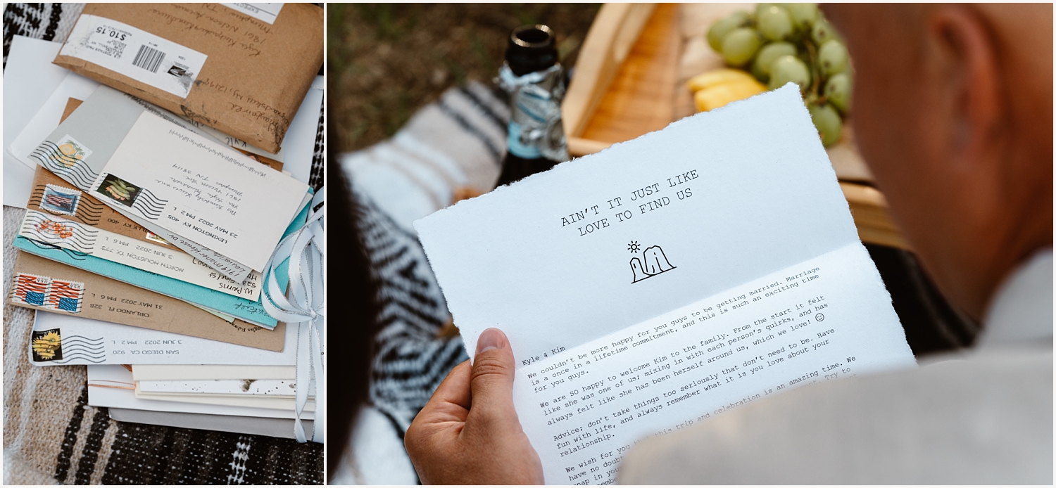 Groom reads letters from family and friends during their elopement