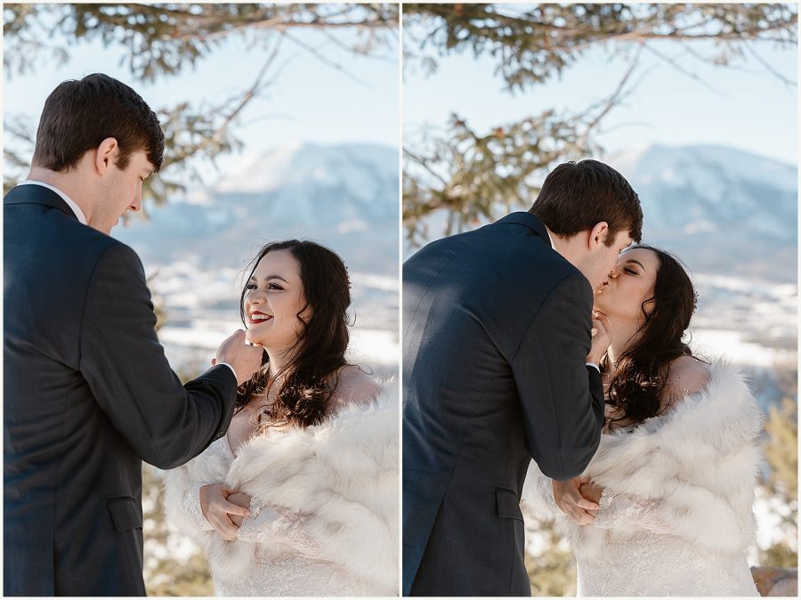 A groom leans in for a kiss with his bride during their Breckenridge winter elopement. 