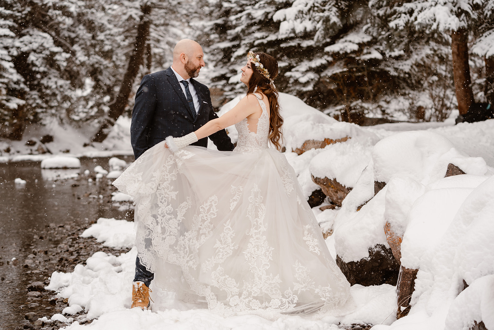 A couple dances during their winter Telluride elopement.