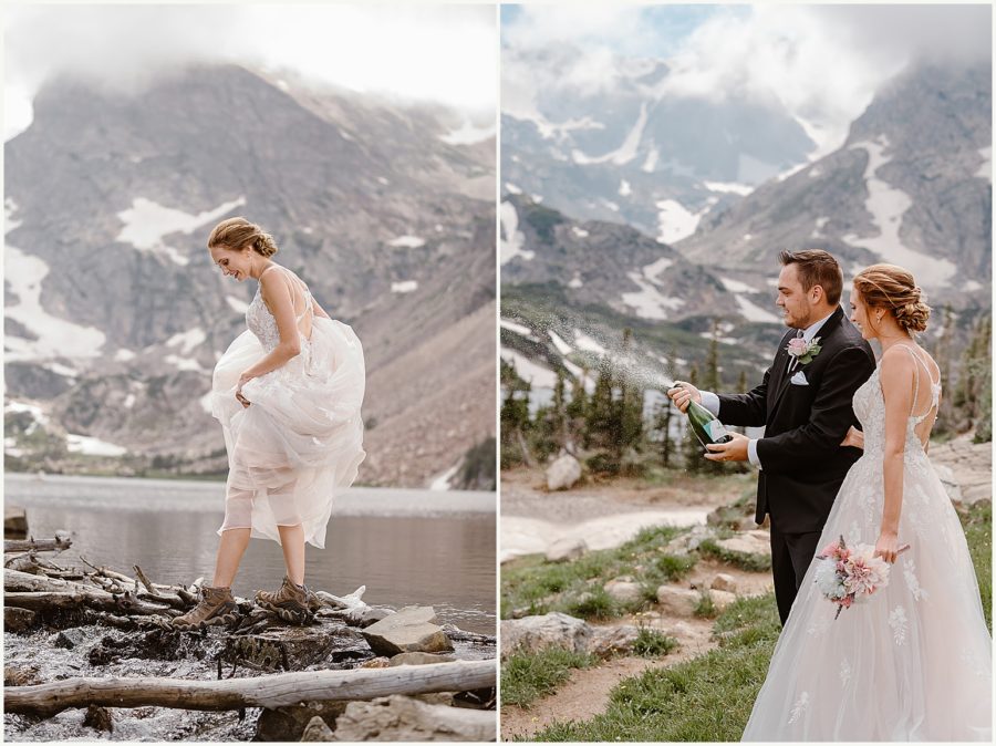 A couple explores the lake near their hiking elopement, pops champagne, and says their vows.