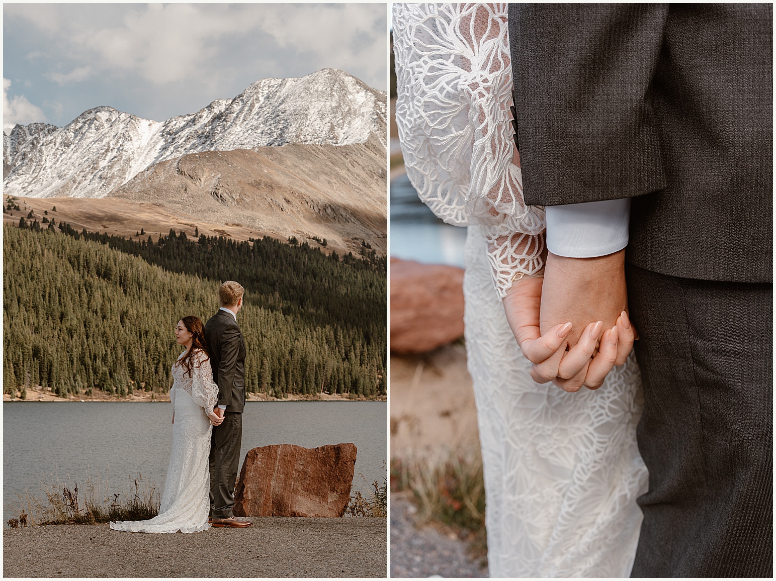 A bride and groom hold hands during their first touch–taking moment to be present, mindful, and intentional on their Colorado adventure elopement day.