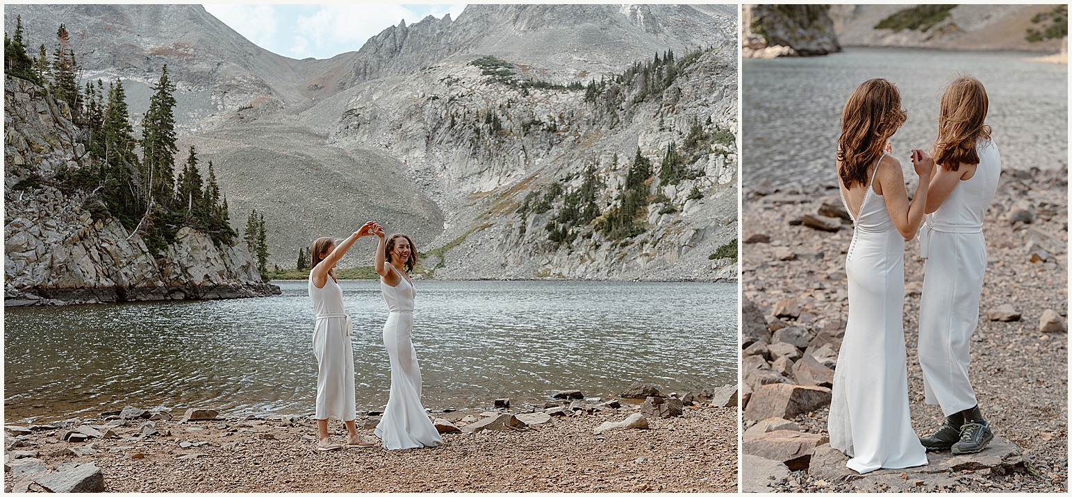Two brides whirl around during their elopement ceremony by a gorgeous colorado lake.