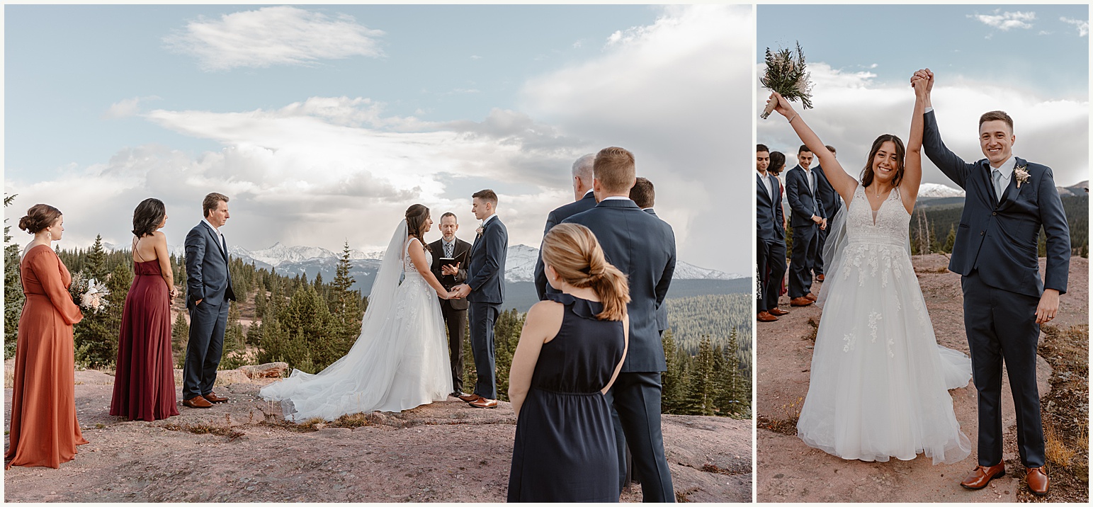 In this side by side image, a bride and groom have their mountaintop elopement ceremony among their friends and family, then celebrate with their arms raised when they finish their vows. 