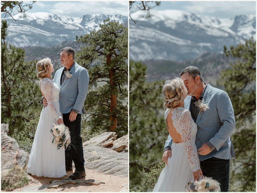 A couple holds each other close during their Sprague Lake elopement as they look over a Colorado mountain landscape.