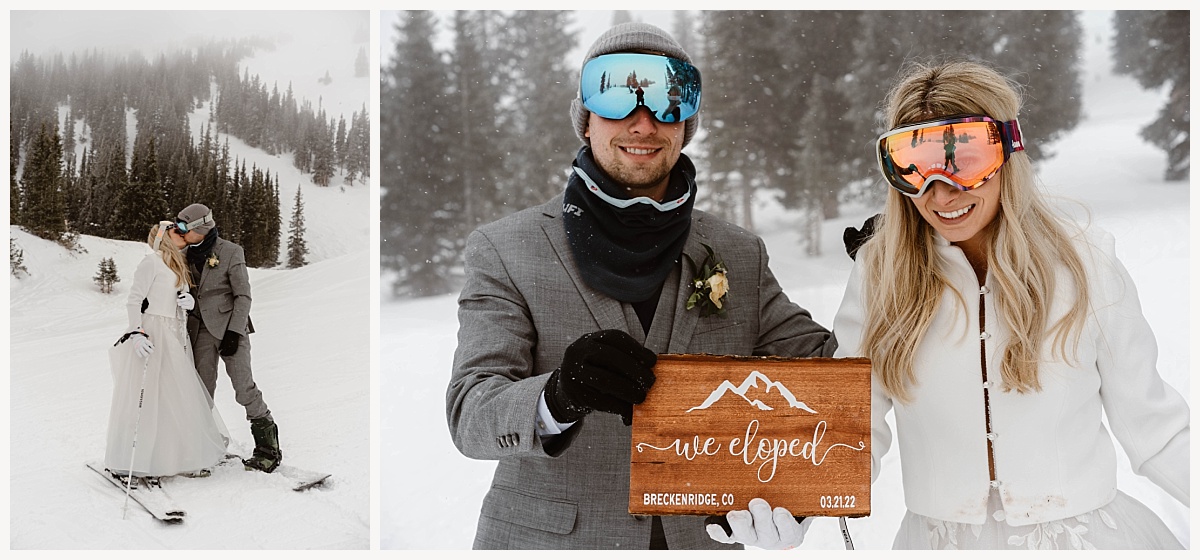 Couple goes skiing and snowboarding during their winter elopement in Colorado.