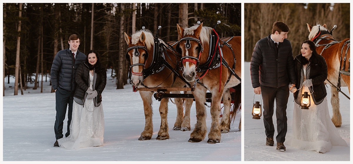 Couple enjoying a horse drawn carriage ride during their winter elopement