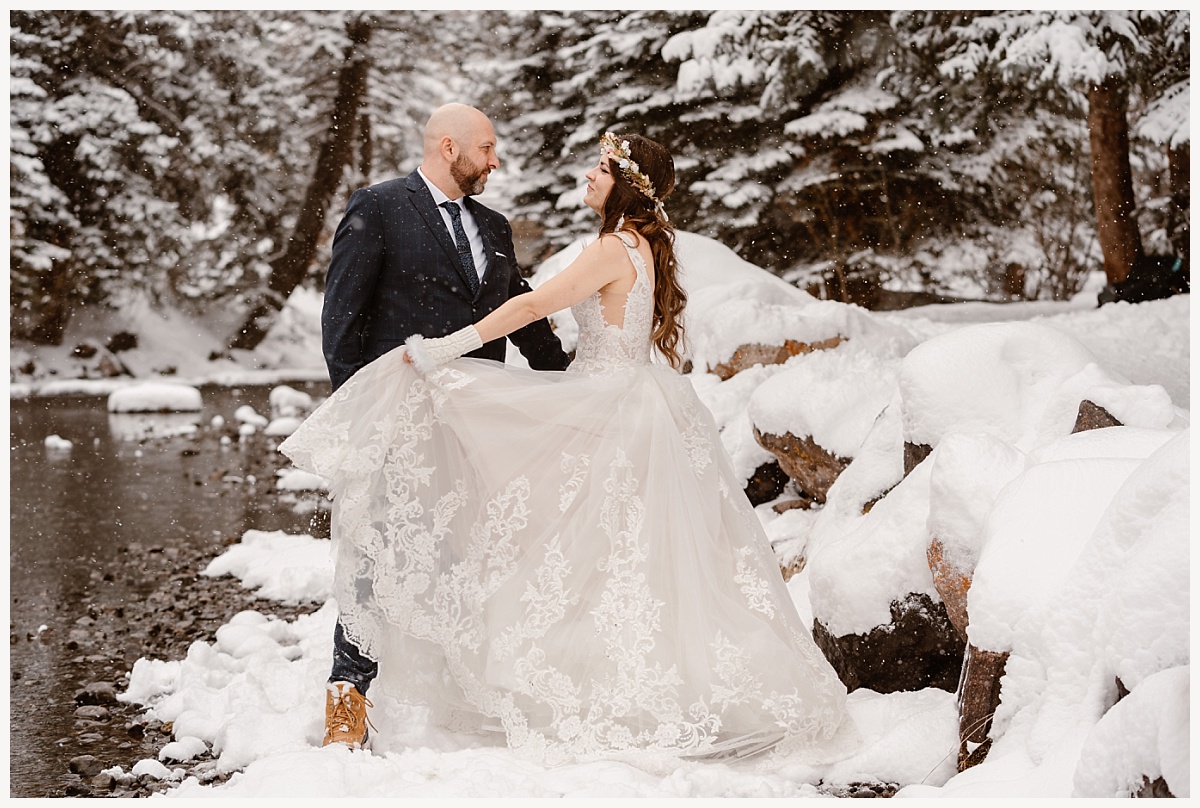Couple dances after their winter elopement in Telluride, Colorado