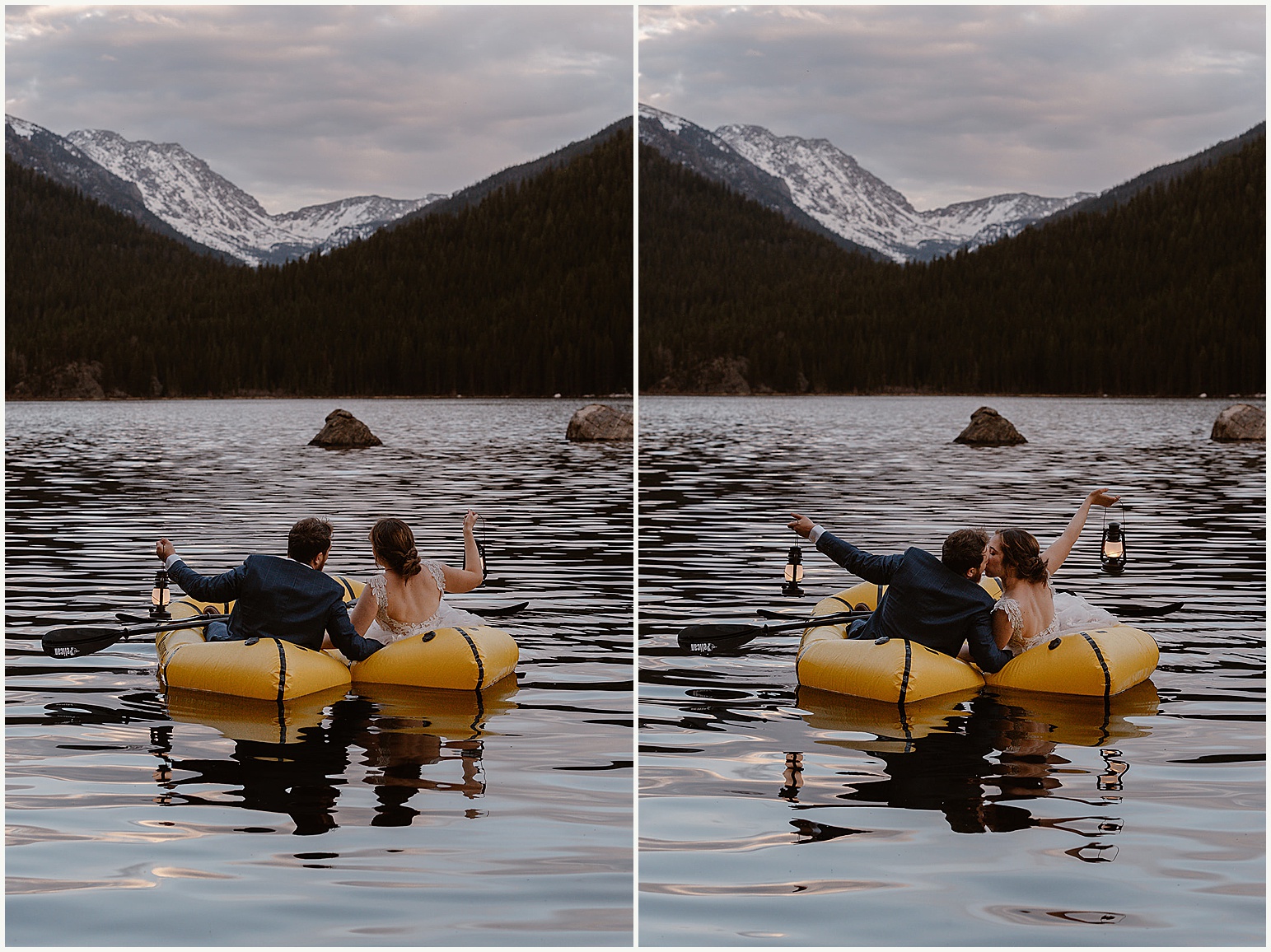 A bride and groom kayak around the lake during their Lake Granby elopement during the sunset.