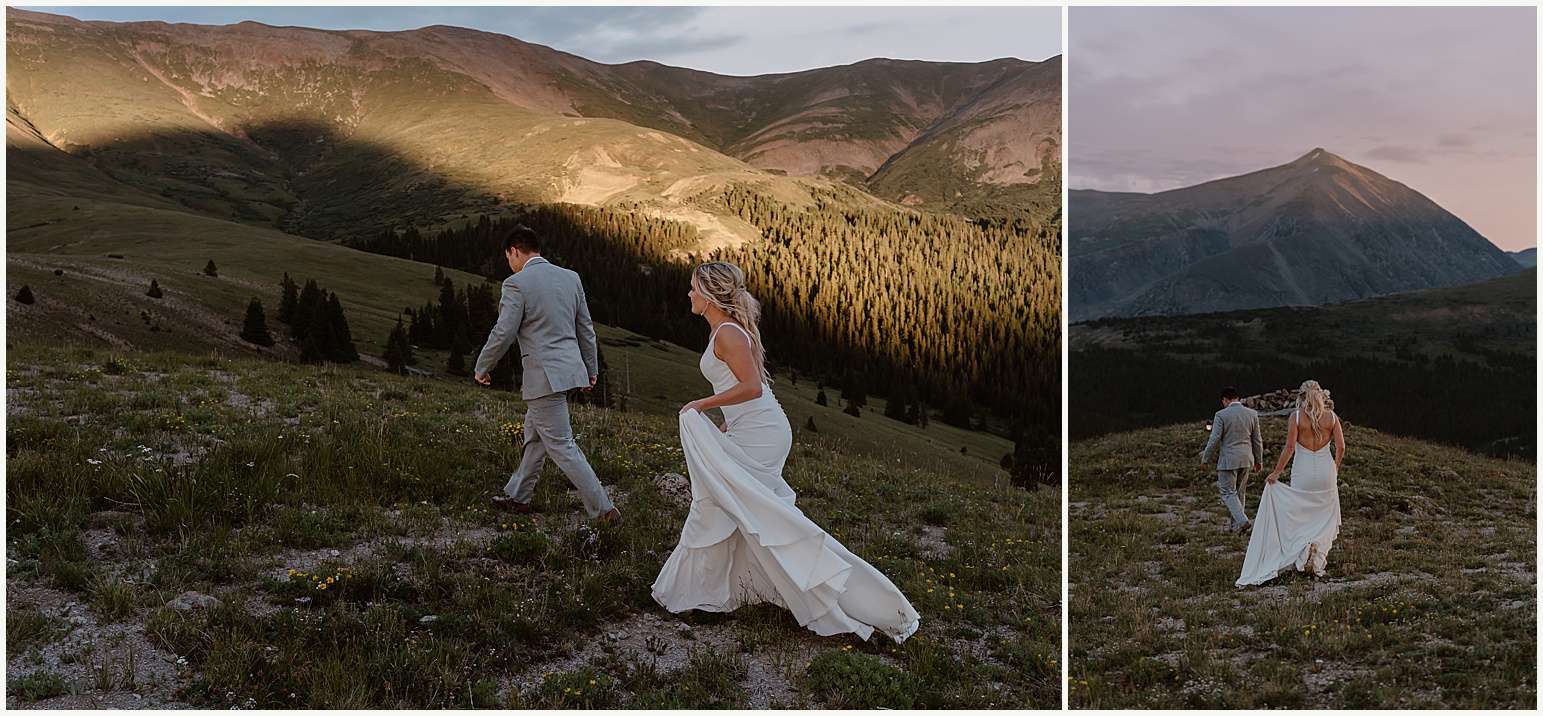 A bride and groom explore a Colorado mountain during their sunset Sapphire Point elopement.