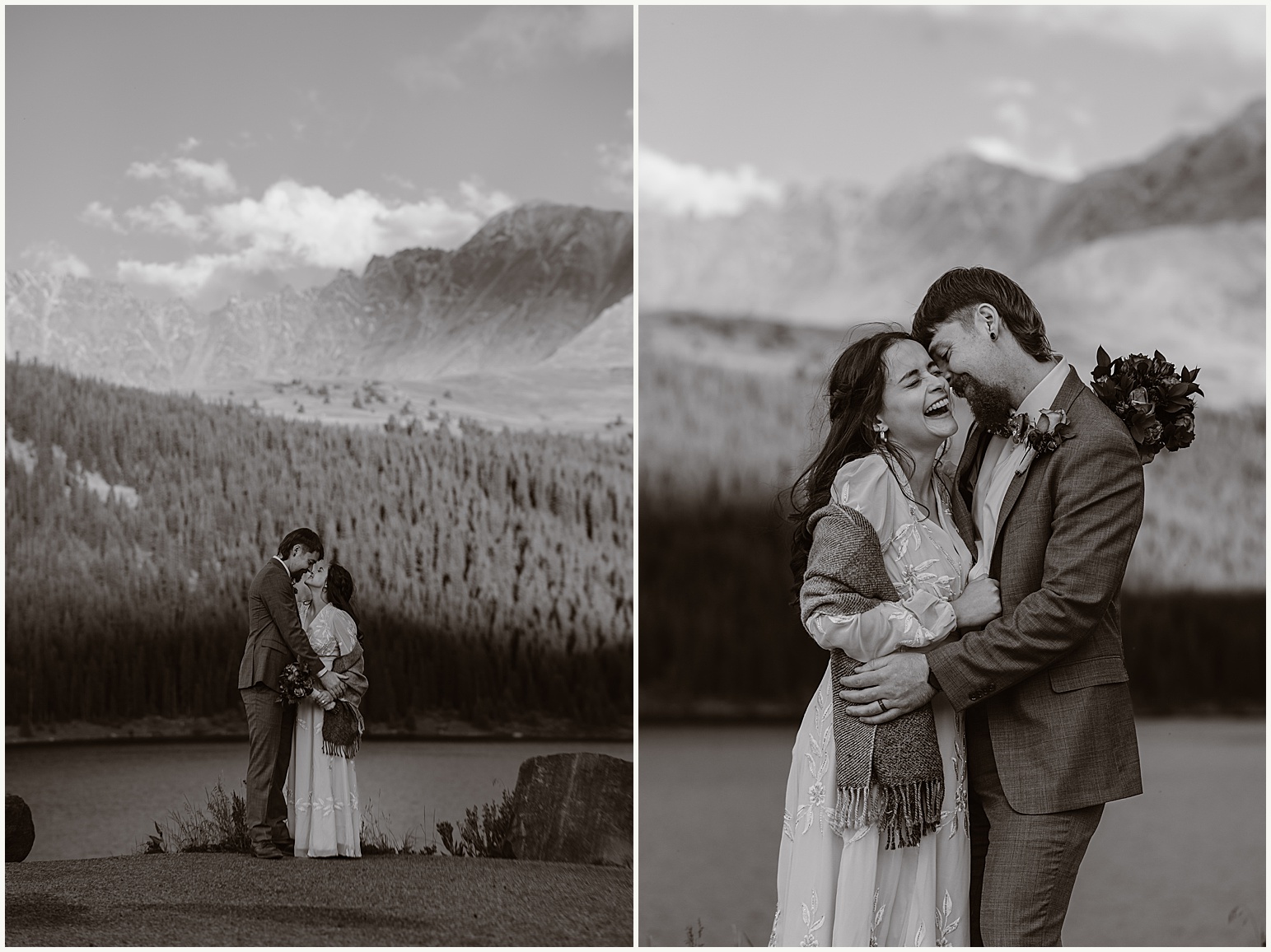 Snuggling in close for a kiss, this black and white photo series shows a bride and groom during Breckenridge mountain elopement.