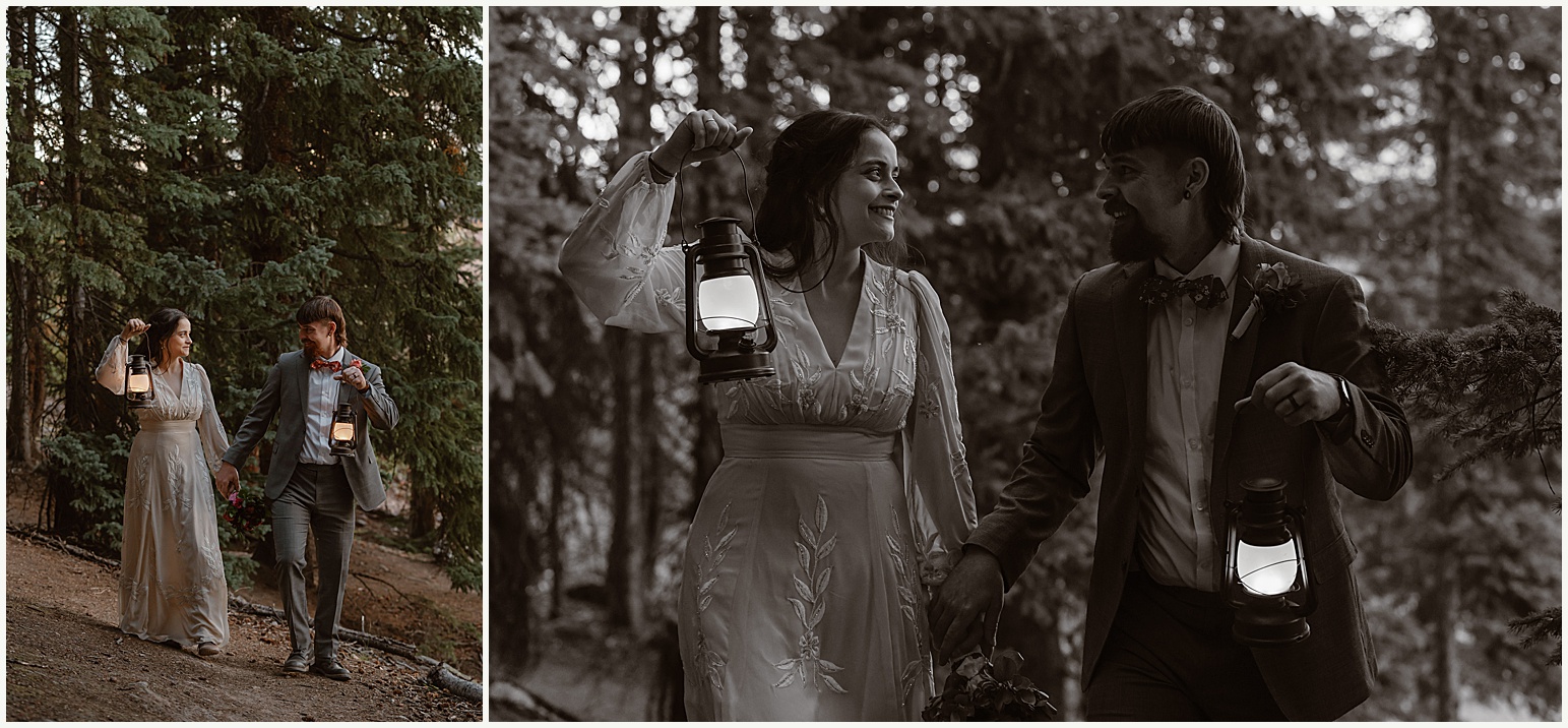 A bride and groom walk through the forest with lanterns, exploring on their Breckenridge mountain elopement day.