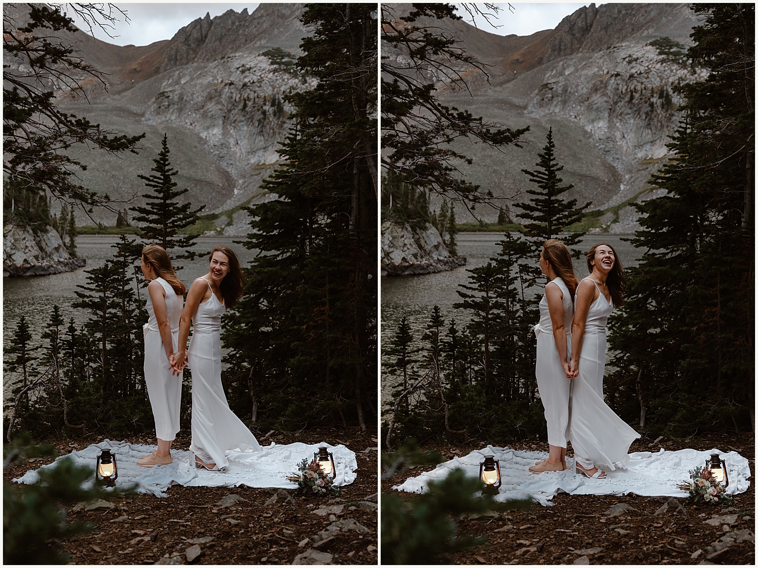 Two brides stand back to back, waiting for their first look during their sunrise mountain elopement. 