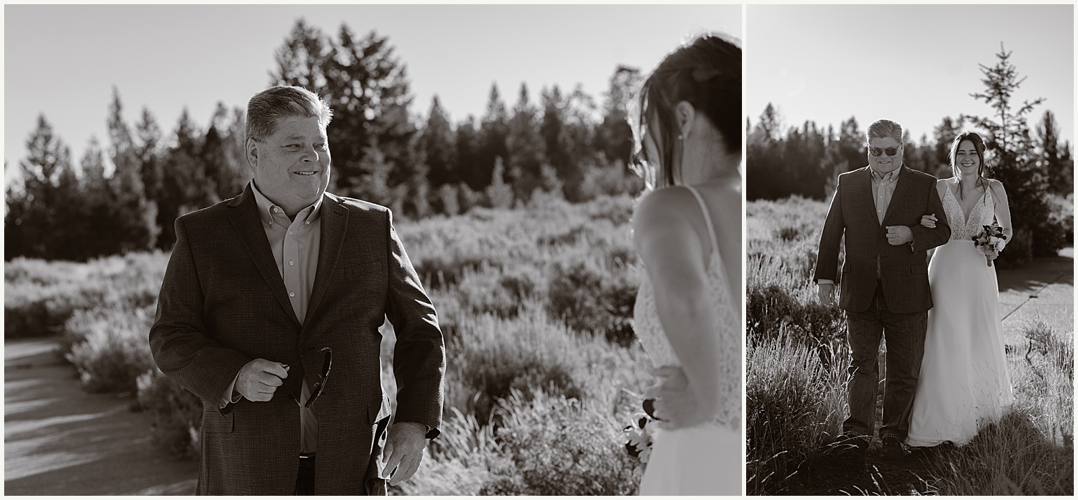 A father walks his daughter down the aisle during her Grand Teton National Park elopement ceremony.