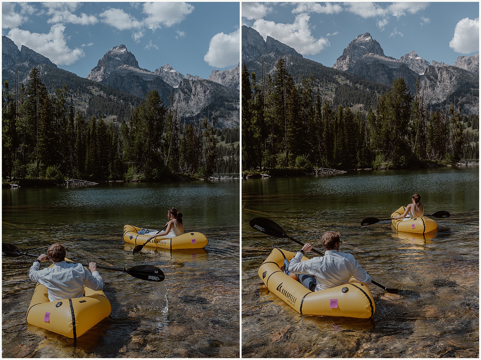 A bride and groom explore Taggart Lake in Wyoming during their grand teton national park elopement.