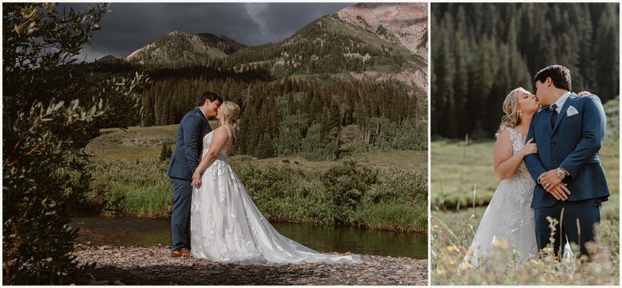Two side by side images show a bride and groom kissing in the wilderness during their summer Crested Butte elopement.