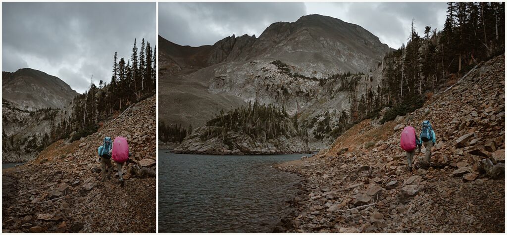 A couple hikes with their packs up to a gorgeous elopement ceremony spot.