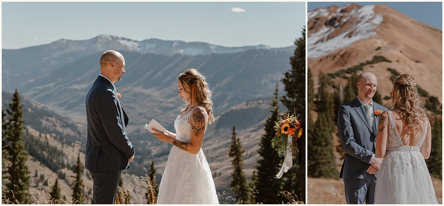 A bride and groom share their vows during their Fall crested butte ceremony overlooking the mountain range in Colorado.