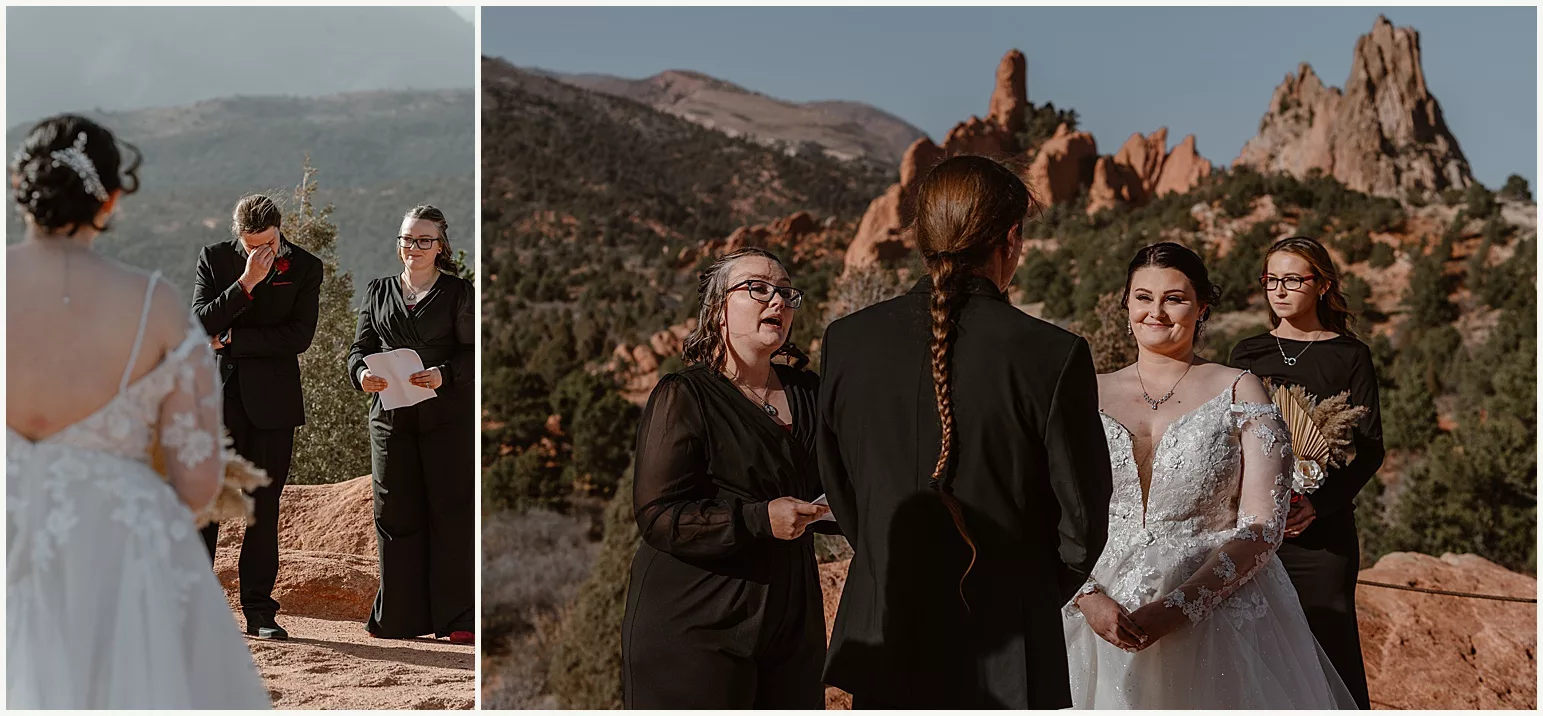 A groom bursts into happy tears when he sees his bride walking down the aisle during their Garden of the Gods elopement.