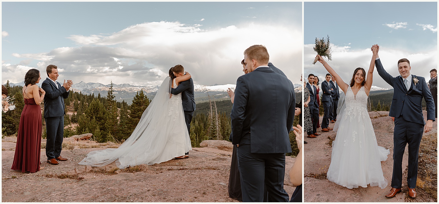 These side by side images show the bride and groom sharing their first kiss during their Fall Vail elopement ceremony.