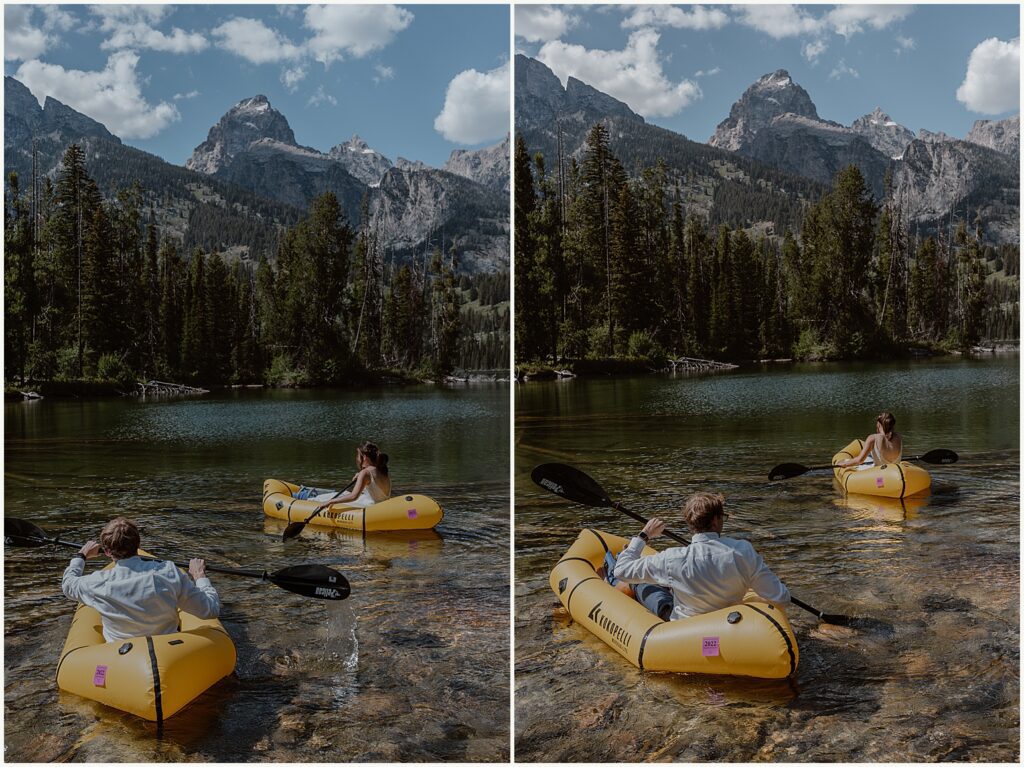 A couple explores the grand tetons in a kayak as part of their adventure elopement.