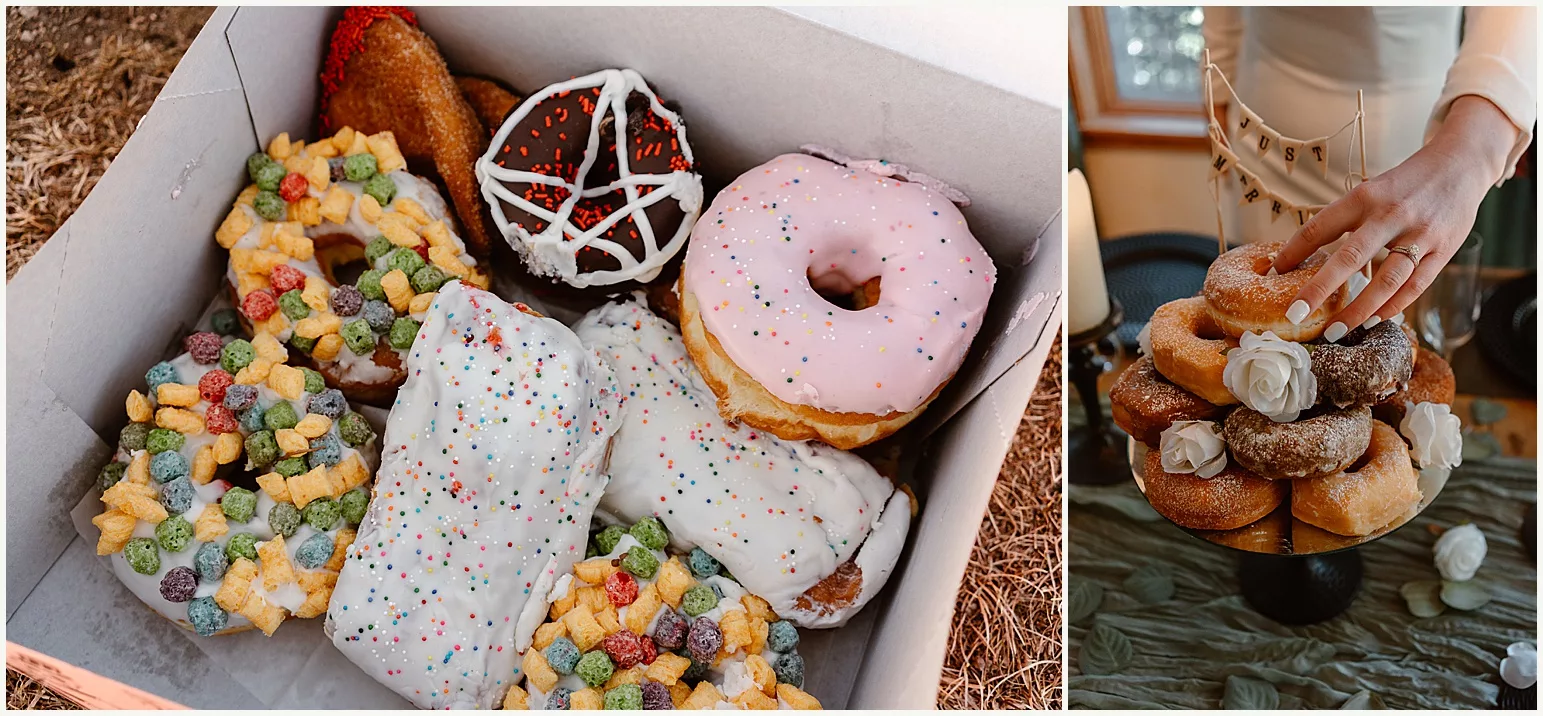 This image shows off a few different elopement day donut spreads, a perfect wedding day treat.