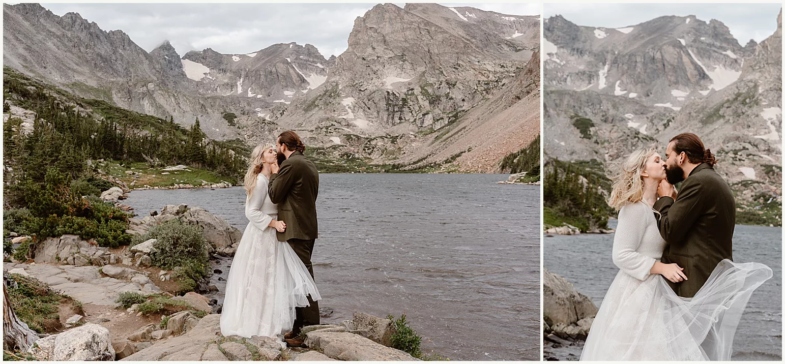 A bride and groom, who booked more than four hours of elopement coverage, soak in the mountains and the magic of their Colorado elopement day. 