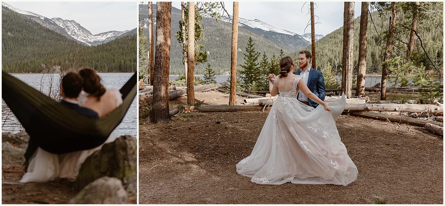 A bride and groom take their time exploring in a beautiful area where they chose to elope–they had the extra time because they booked extra photo coverage on their elopement day.