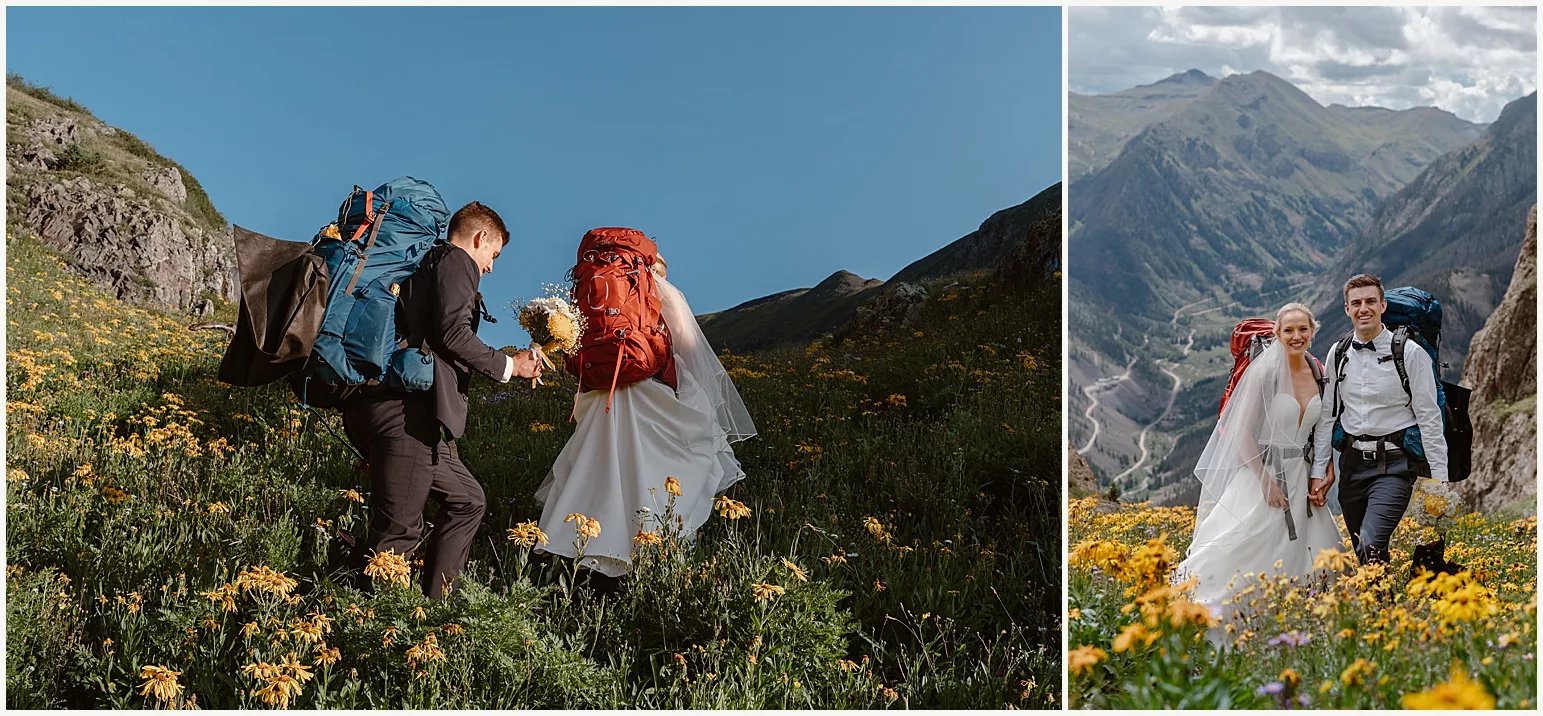 A bride and groom hike up to their elopement wedding in the San Juan mountains.